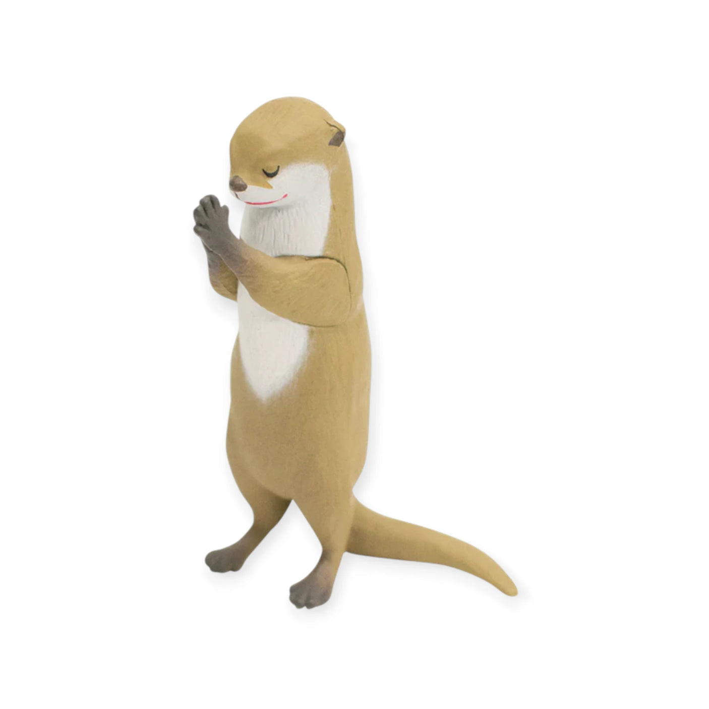 A small, brown otter figurine with a white belly stands upright with front paws together and eyes closed, resembling the peaceful poses of Yell’s Praying Animals Blind Box collectibles, pictured against a white background.