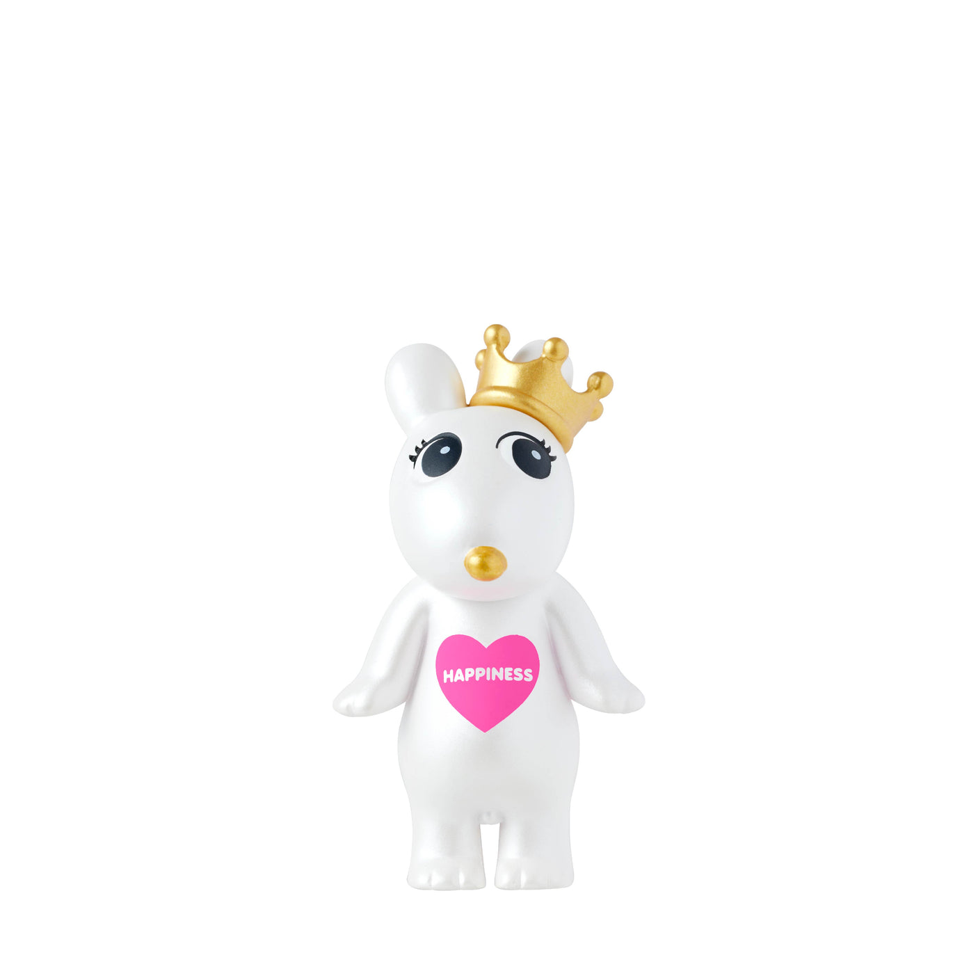 Against a plain white background, a white toy rabbit with a gold crown and pink heart labeled "Happiness" conjures up the beloved Sonny Angel collectibles during their 20th Anniversary, highlighted in the Sonny Angel 20th Anniversary - Complete Guide Book.