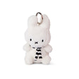 The Miffy Keychain Plush - Winter Scarf 10cm, from the Miffy brand, boasts an eco-friendly white plush design and features a charming black and white striped scarf, highlighting its handmade quality craftsmanship.