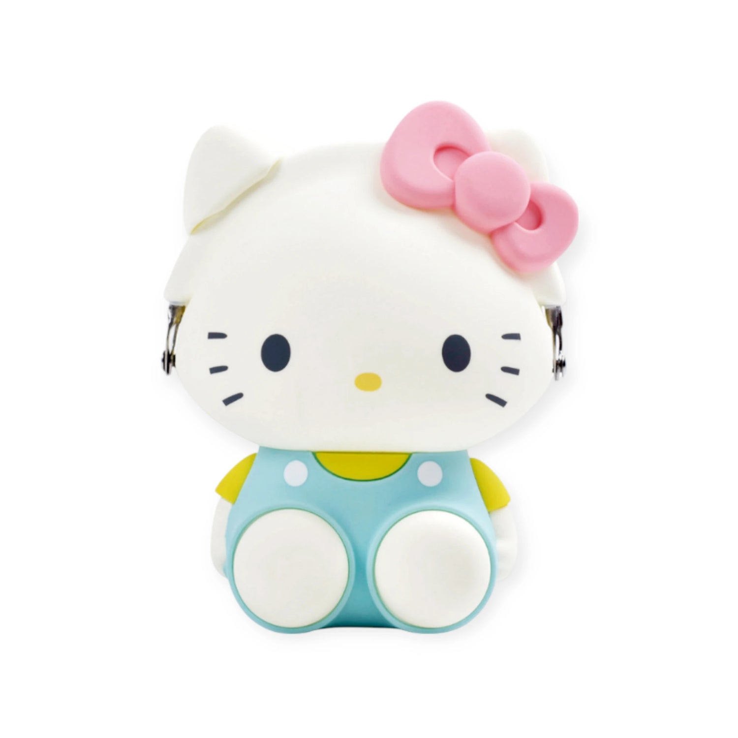 A small coin purse resembling a 3D Hello Kitty case, shaped like a cartoon cat in a light blue outfit with a yellow shirt and pink bow.