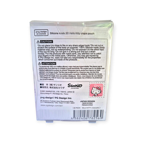 The back of the 3D Hello Kitty Case - Coral Pink packaging includes caution text, manufacturer details, and a small Hello Kitty image in the bottom right corner.