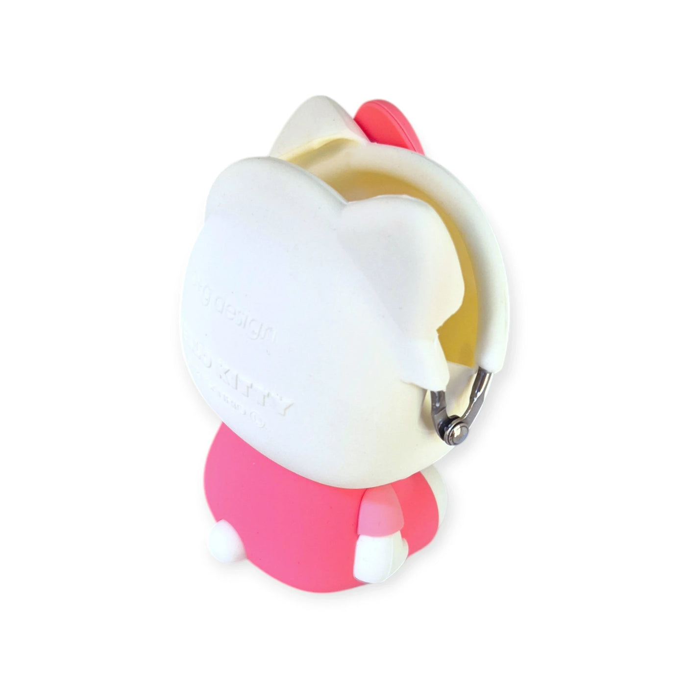 A small 3D Hello Kitty case by Hello Kitty, in coral pink, shaped like the cartoon figure and featuring a visible metal clasp at the top.