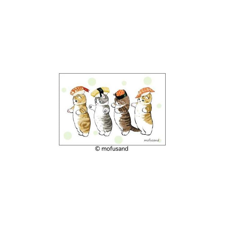 The Mofusand Sushi Cat - Print / Postcard by Mofusand features four charming cats, each balancing tamago, maguro, ebi, and sake sushi on their heads. Set against a light backdrop with green dots, this design highlights the captivating elegance of these adorable feline characters.