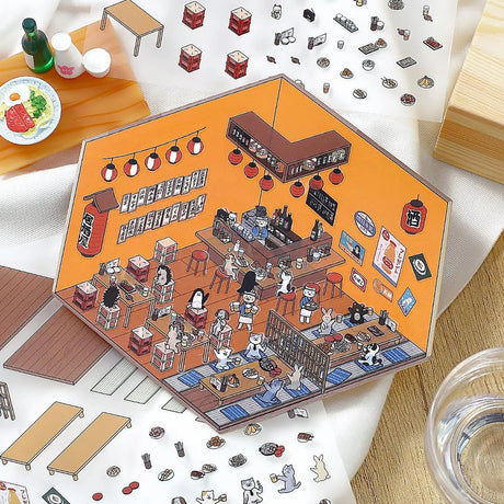 2.5D izakaya mini room sticker puzzle set with folded room base and sticker sheets