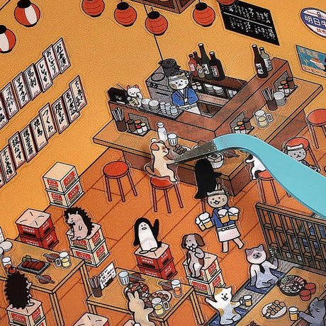 Izakaya mini room sticker puzzle close-up of characters, tables, and drinks