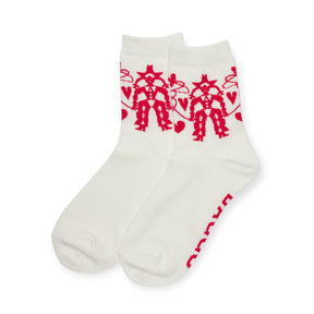 White Baggu Crew Socks with red cowgirl silhouette and heart accents, bamboo knit, gallery position 1