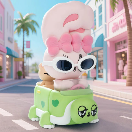 Pink Esther Bunny with fluffy bow and white sunglasses driving a cute green car on sunny pastel street