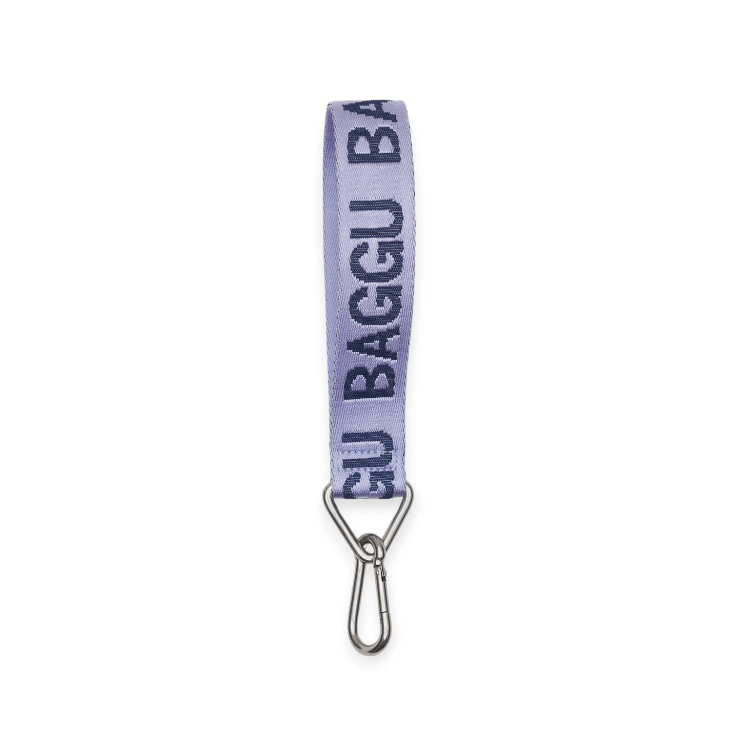 The Baggu Logo Keychain - Dusty Lilac is a wrist strap featuring bold black Baggu branding and a sturdy metal carabiner.