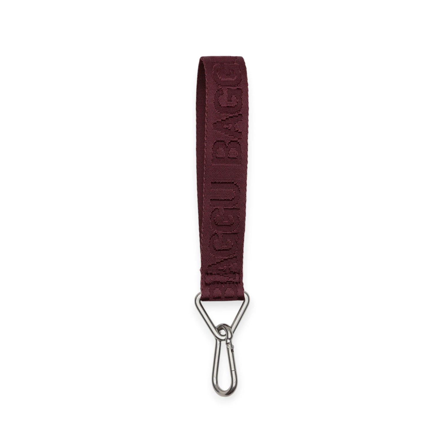 The Baggu Logo Keychain - Mahogany features maroon leather with embossed branding and a silver metal clasp.