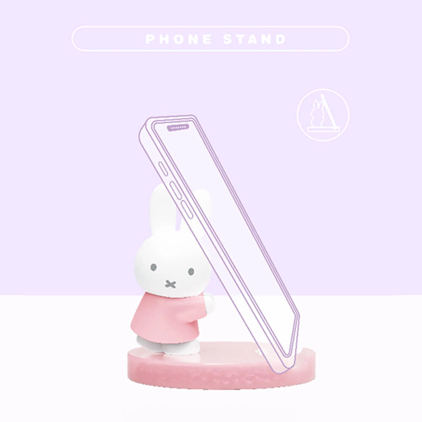 Pink bunny phone stand with white figurine and clear angled phone support