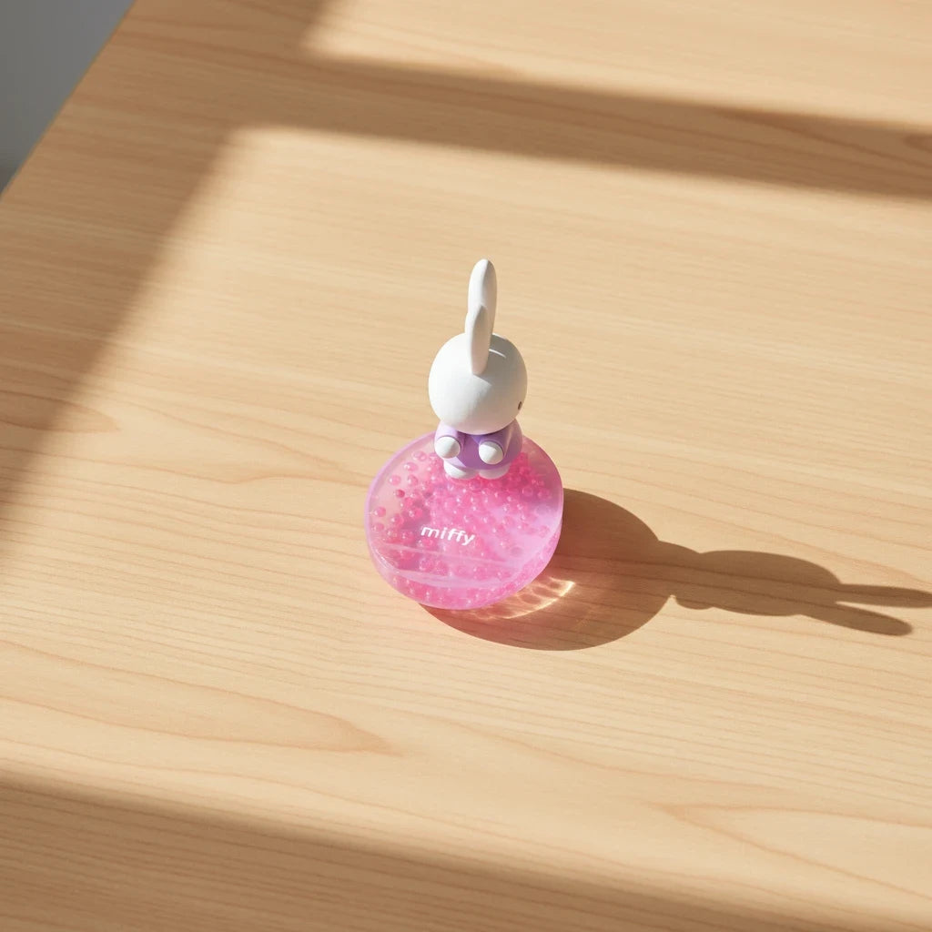 Pink pearl phone stand base with white bunny figurine, angled upright phone rest