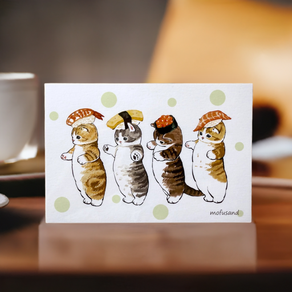 Quirky Mofusand illustration featuring four standing cats wearing sushi-themed hats, available as a print or postcard from the beloved series.