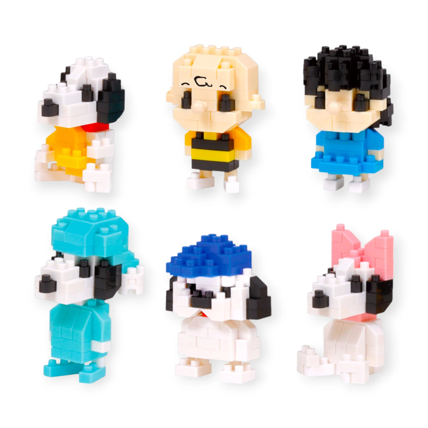 The Nanoblock Peanuts Blind Bag - Vol. 2 features six mini figures from the series, including dogs with different hats and three children with unique outfits.