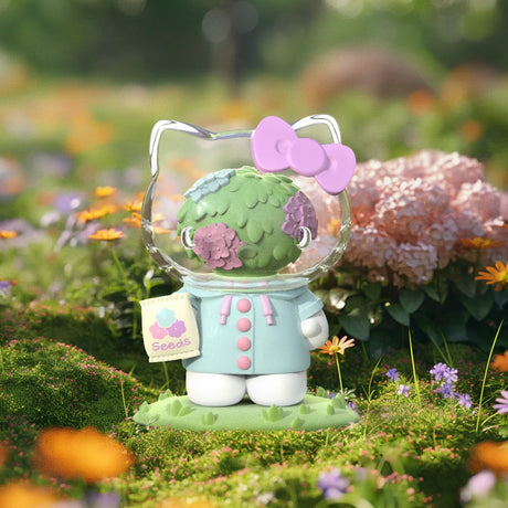 Hello Kitty vinyl figure with hydrangea floral design and clear headpiece, part of Sanrio x Azuma Makoto series, garden setting