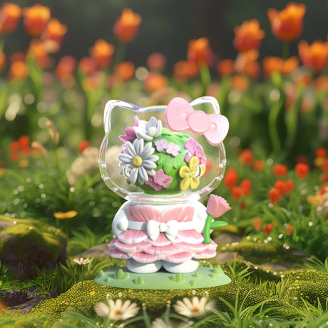 Sanrio x Azuma Makoto Hello Kitty vinyl figure with floral headpiece and pink dress, rare secret design in outdoor flower setting