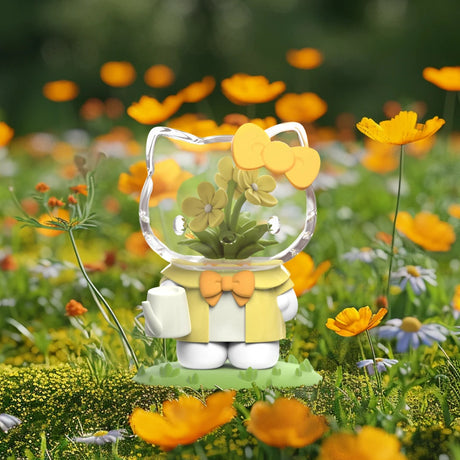 Hello Kitty vinyl figure with transparent face and yellow buttercup flowers, part of Sanrio x Azuma Makoto series, gallery image 1