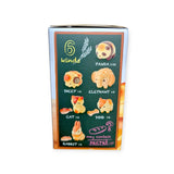 A box featuring six collectible Animal Bakery Mini Figures from Dreams Inc, showcasing a panda, sheep, elephant, cat, dog, and rabbit. Includes text saying "6 kinds" and offers the thrilling possibility of a secret item in this captivating blind box series.