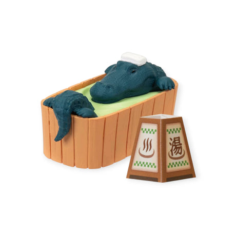 Alligator figurine soaking in wooden tub with towel on head and Japanese onsen lantern, Animal Onsen Blind Box figure 1