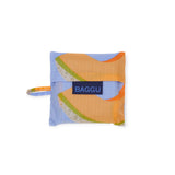 The Baby Baggu Reusable Bag in Cantaloupe Blue, by Baggu, is crafted from recycled nylon and features a colorful sliced melon print with a blue label reading "BAGGU.