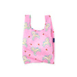 Pink reusable shopping bag with playful white lamb and small red flower pattern and fabric tag on side