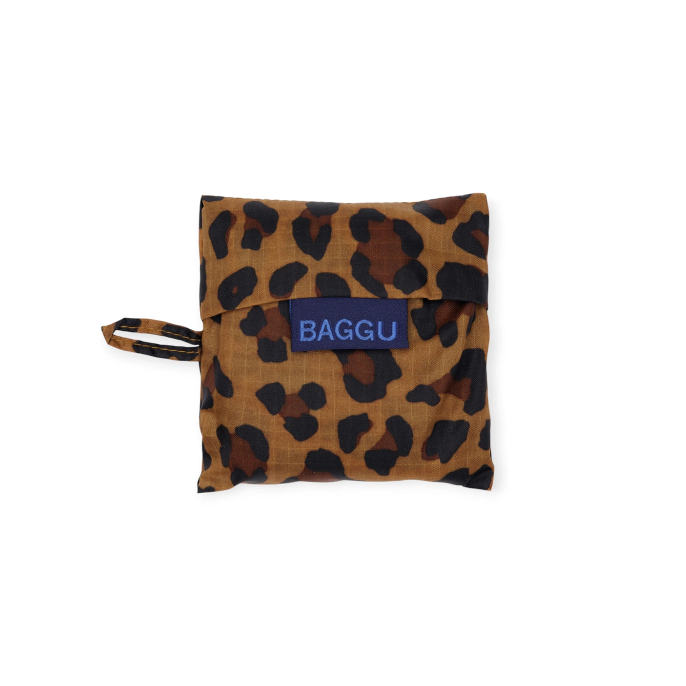 The Baby Baggu Reusable Bag - Leopard by Baggu is a compact, square pouch made from recycled nylon with a leopard print. It features a blue "BAGGU" label and a handy looped side strap.