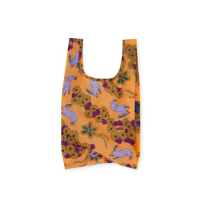 Baby Baggu Bag in orange with purple and blue wild rabbit pattern, foldable tote