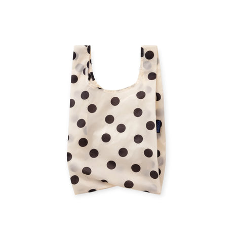 Cream polka-dot baby tote bag with short handles and open top, black dot pattern