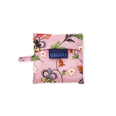 Baby Baggu bag, pink floral print with blue BAGGU logo tag and small carrying loop