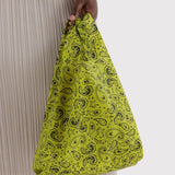 Chartreuse paisley baby tote bag held up with gathered top opening