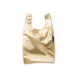Gold metallic baby tote bag with open top and long handles