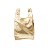 Gold metallic baby tote bag with open top and long handles
