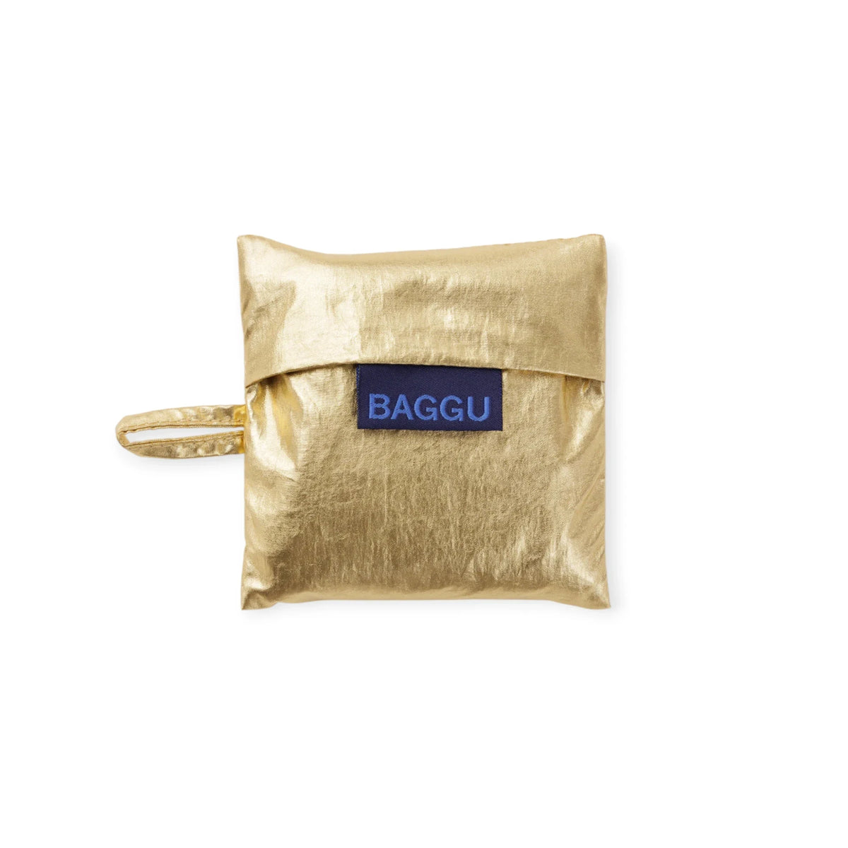 Gold metallic foldable tote bag with blue BAGGU label and side handle