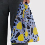 Baby Baggu tote bag held open, blue with yellow pear and star print