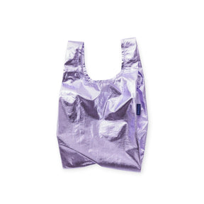 Lavender metallic Baby Baggu bag with short handles, crinkled finish