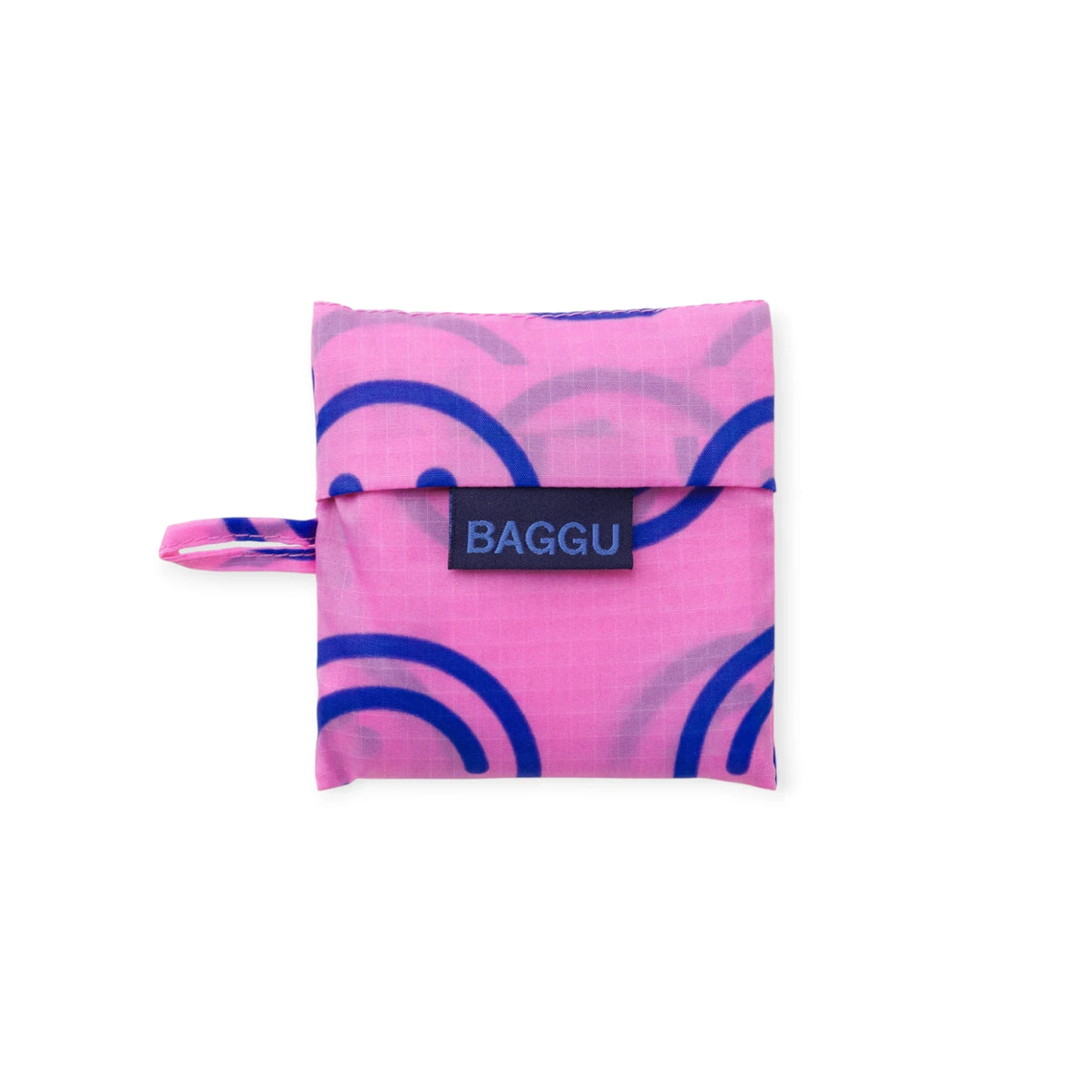 Pink Baggu mini bag with blue smiley pattern and logo label