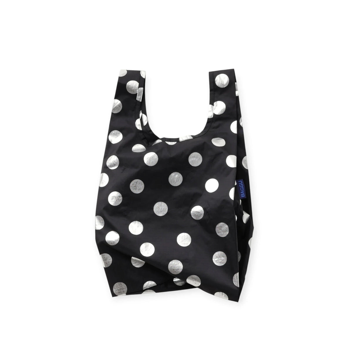 Baggu baby tote bag in black with silver metallic polka dots