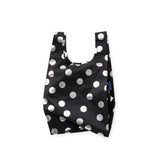 Baggu baby tote bag in black with silver metallic polka dots
