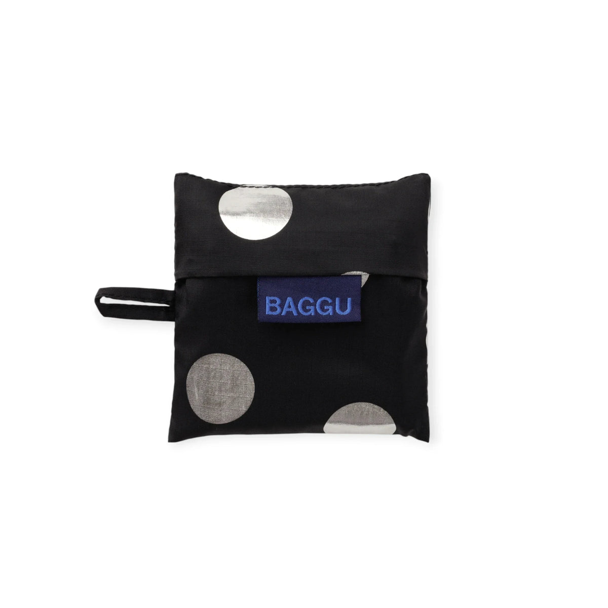 Baggu baby tote pouch, black with silver polka dots and blue BAGGU logo patch