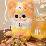 White cat plush keychain with orange ear fur and yellow apron; smiling face; ring