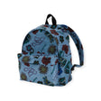 A compact and light blue Baggu Medium Nylon Backpack made from recycled nylon, showcasing a lively multicolored floral and bird design.