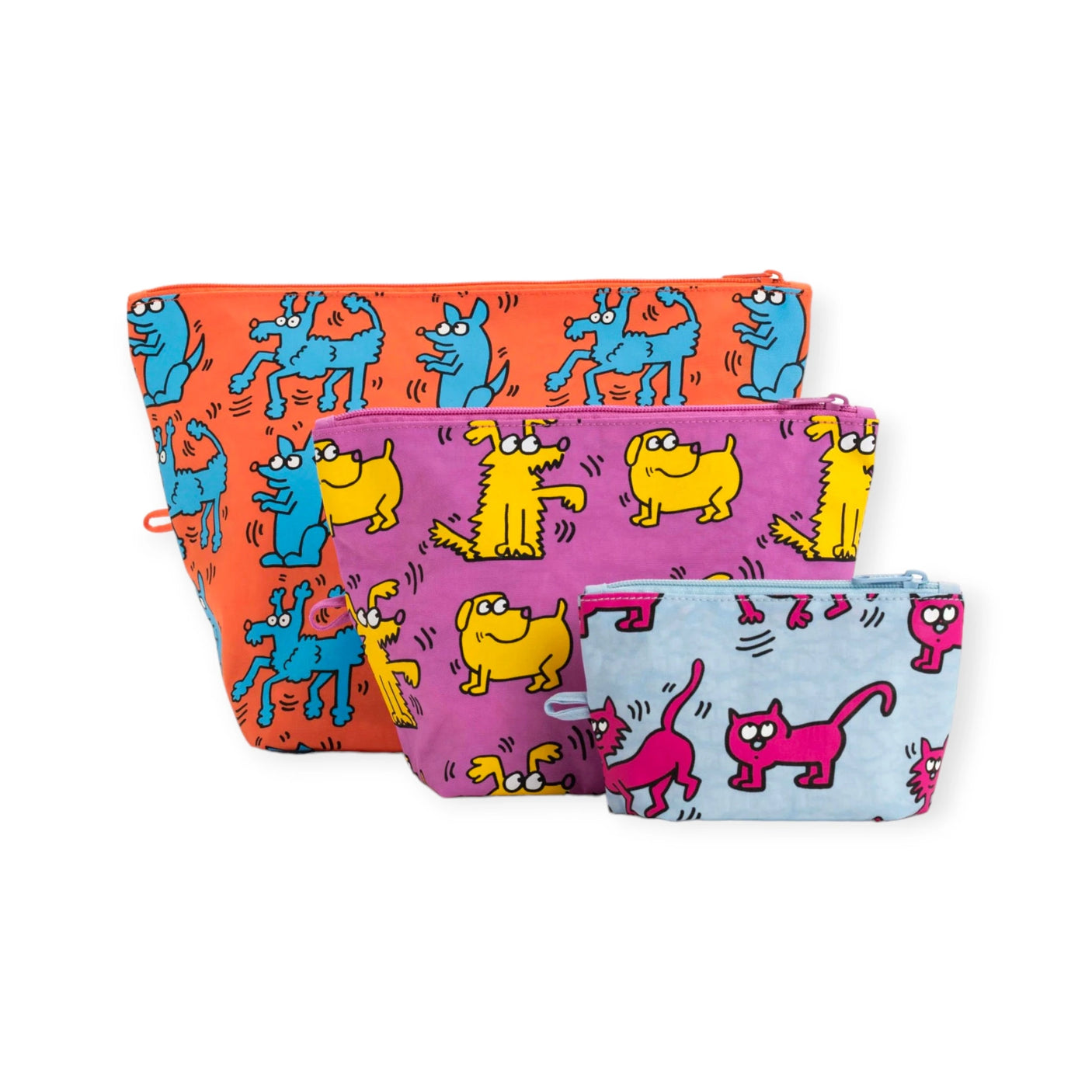 Three vibrant Baggu Go Pouch sets, designed with the iconic Keith Haring artwork and crafted from recycled materials.