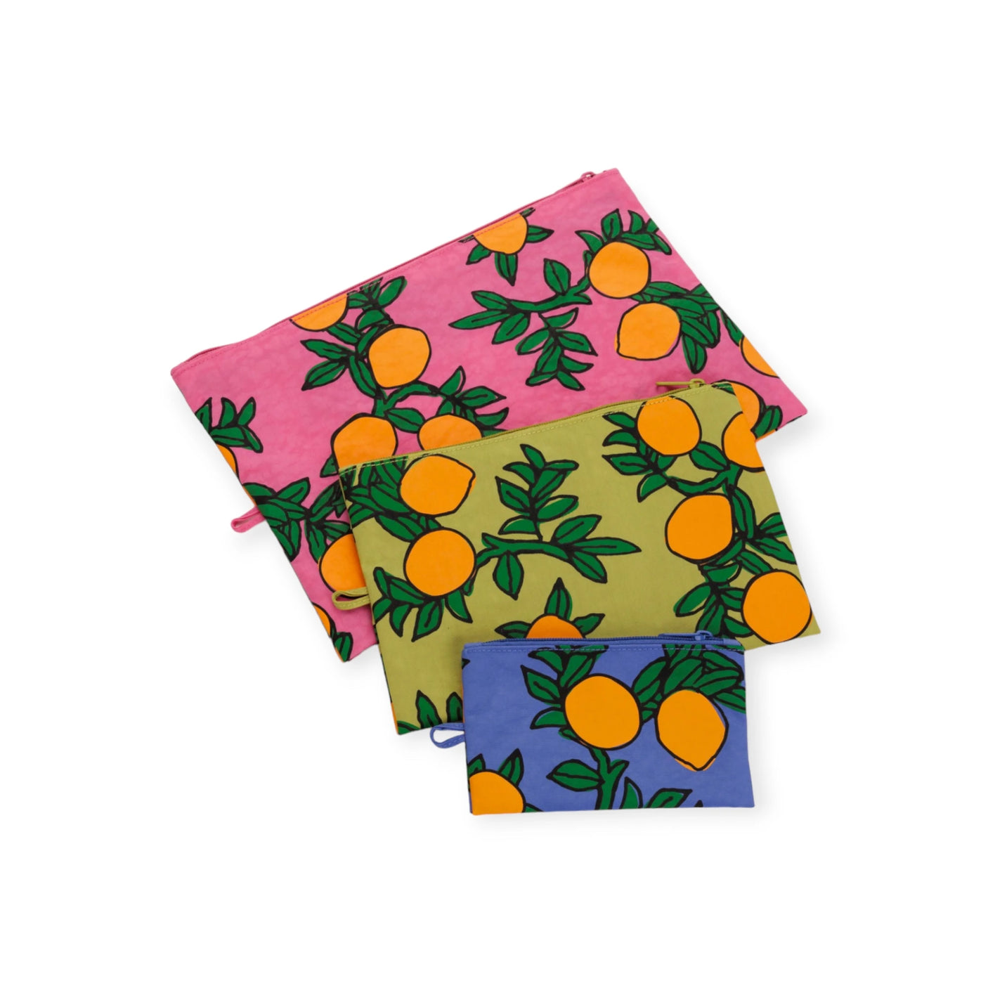 Introducing the Baggu Go Pouch Set - Orange Trees: three zippered bags in pink, olive, and blue, each featuring an orange fruit pattern with green leaves. Crafted by Baggu from recycled materials, these stylish pouches are perfect for eco-conscious organization.