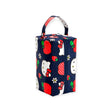 Introducing the Hello Kitty x Baggu Makeup & Toiletry Bag by Baggu: a rectangular bag crafted from recycled nylon, complete with a convenient handle. It boasts a navy blue background decorated with charming cartoon characters and whimsical red apples and strawberries, reminiscent of the iconic Hello Kitty Baggu design.