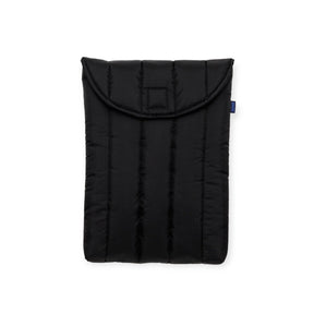 Black quilted 13–14 in laptop case with top flap and stitched handle loops