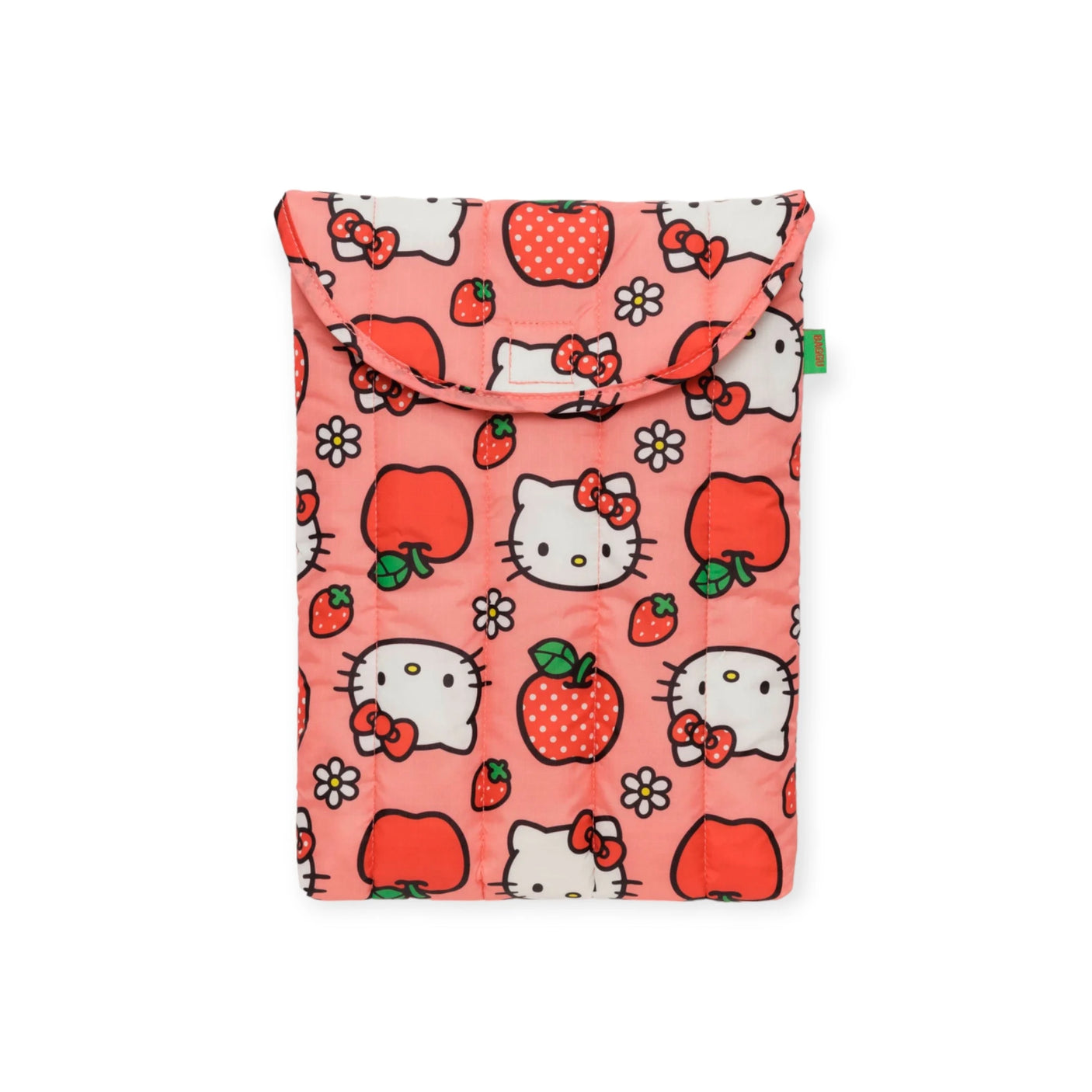 Introducing the Hello Kitty x Baggu Laptop Sleeve for 13"/14" devices. This stylish and eco-friendly sleeve showcases Hello Kitty amidst apples, strawberries, and flowers. Crafted from recycled materials by Baggu, it is perfect for those who value both style and sustainability.