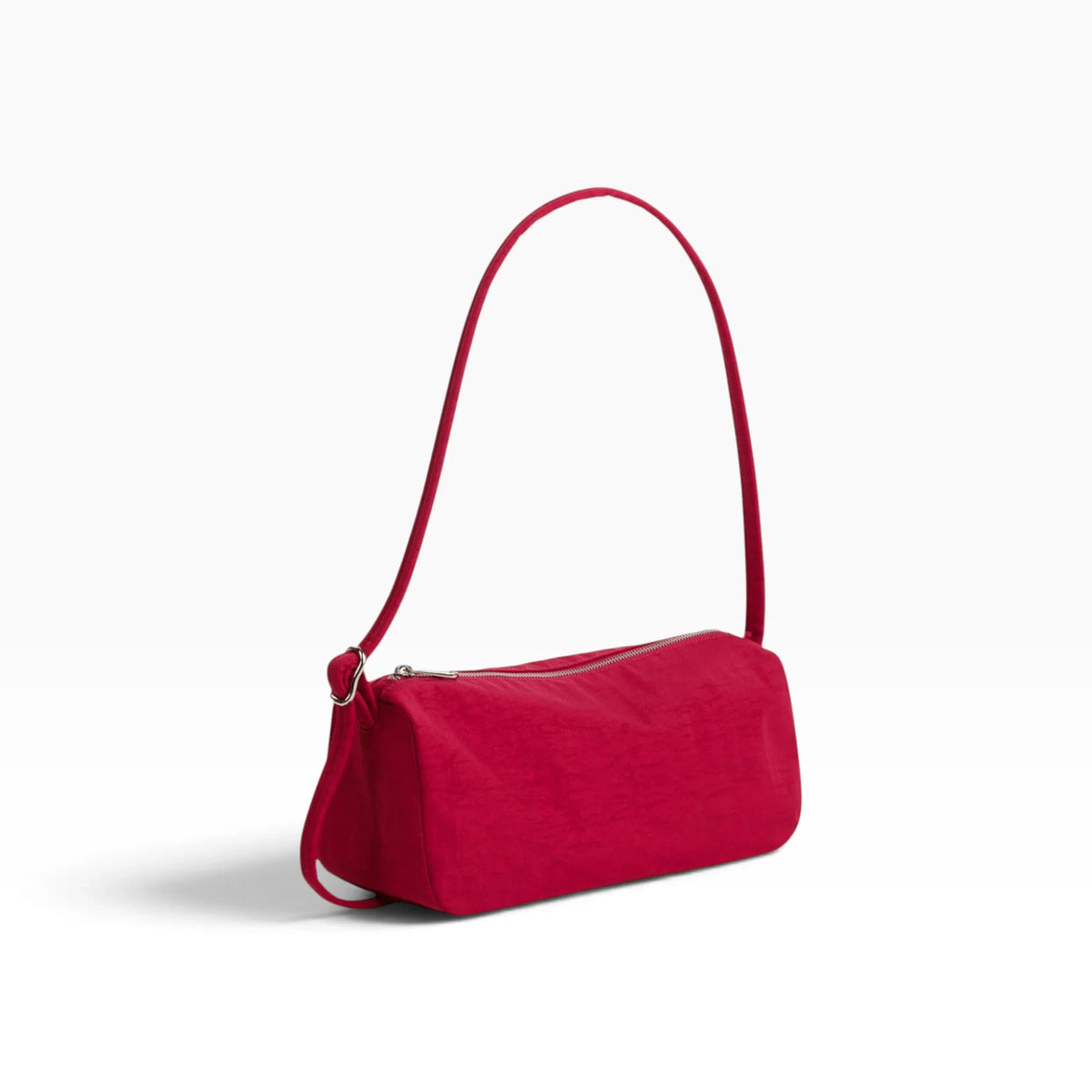 Cherry red nylon loaf shoulder bag with single top handle and zip closure