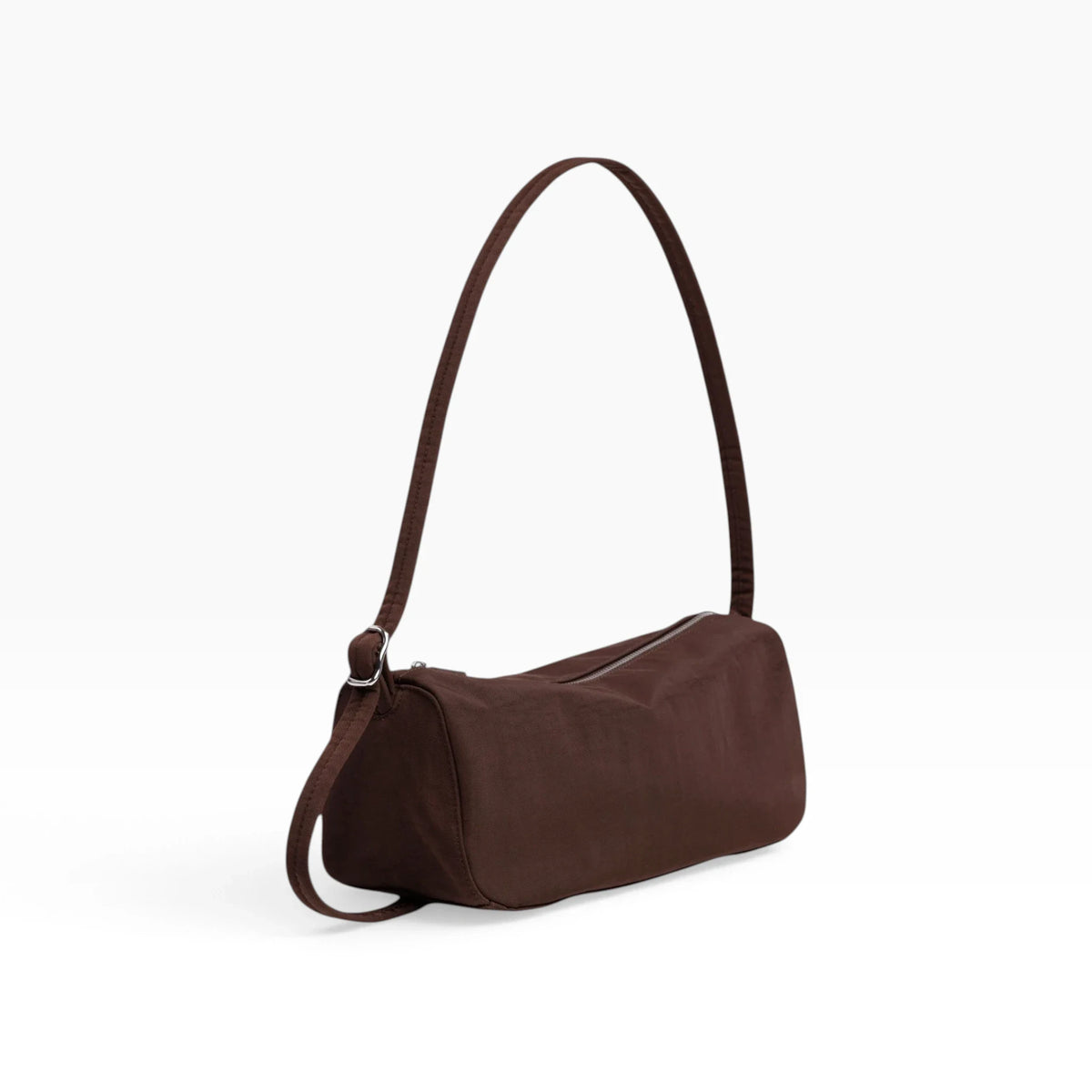 Brown nylon loaf bag with top carry handle and adjustable shoulder strap