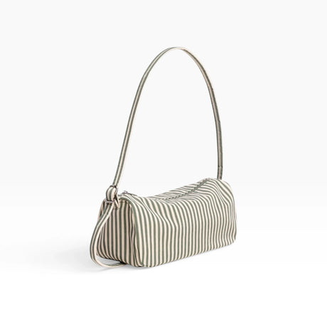 Baggu nylon loafer bag, sage striped, with top zip and short shoulder handle