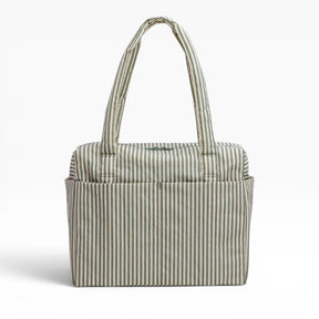 Small striped carry-on tote bag with top handles, sage green and white vertical stripes