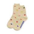 The Baggu Crew Sock - Hearts, by Baggu, is made from bamboo rayon and showcases multicolored embroidered hearts with blue text on the toes.